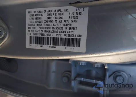 2012 Honda Accord Lx from USA, damaged, VIN 1HGCP2F39CA207265
